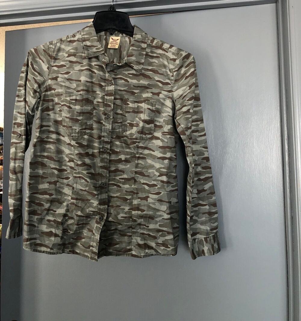 FADED GLORY Camo Button Up Shirt Womens SIZE S Roll Tab Long Sleeve Top